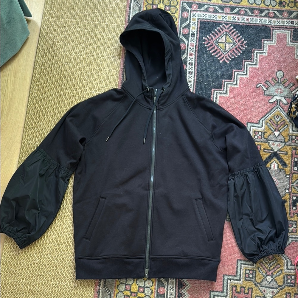 Athleta Black Zip Hoodie Jacket With Pleated Nylon Sleeve Detail Size M Like New
